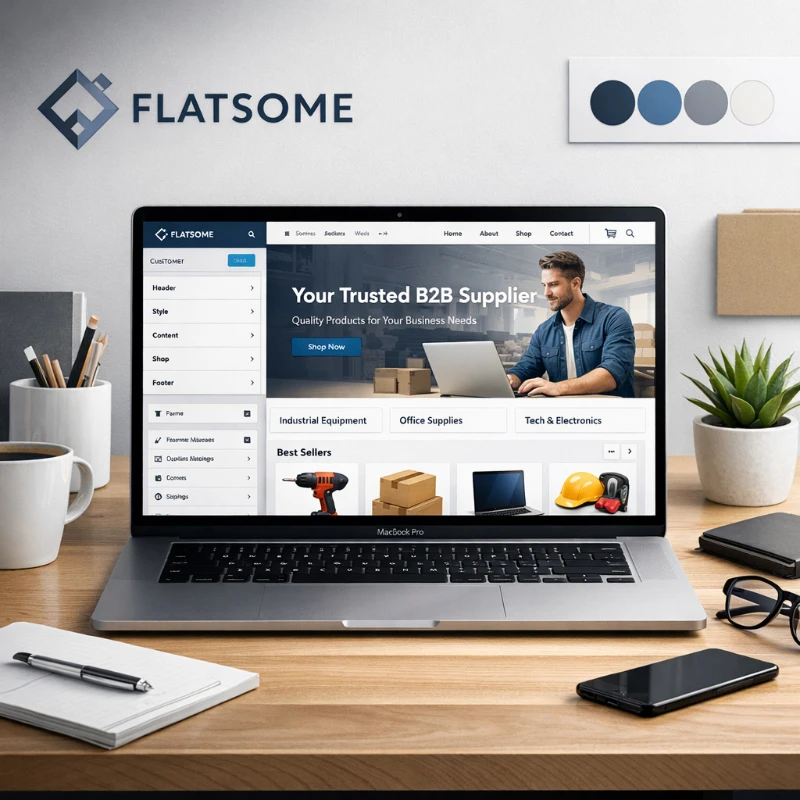 a modern workspace with a laptop showing the flatsome theme customization interface, featuring a b2b website in the process of being customized.