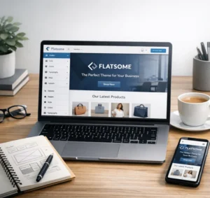 A professional workspace showcasing a laptop with a Flatsome theme customization interface, surrounded by a notepad with design sketches, a cup of coffee, and a smartphone displaying a mobile-responsive website, all in a modern and minimalistic background.