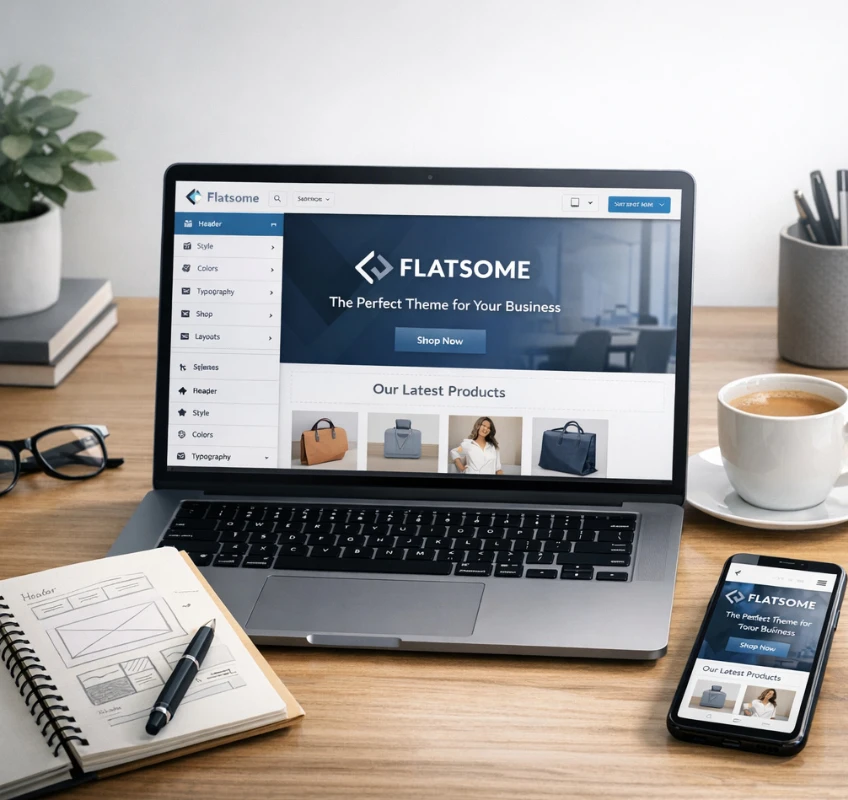 A professional workspace showcasing a laptop with a Flatsome theme customization interface, surrounded by a notepad with design sketches, a cup of coffee, and a smartphone displaying a mobile-responsive website, all in a modern and minimalistic background.